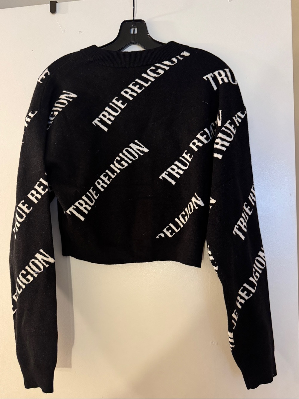 True Religion Jet Black Cropped Cardigan with White Logo - Picture 3 of 6